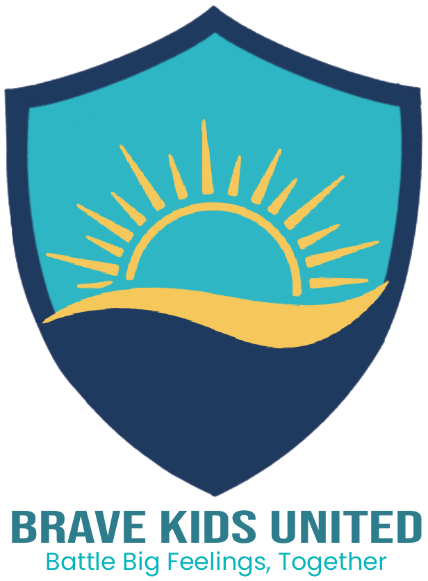 Brave Kids United logo: a shield with a rising sun - Battle Big Feelings, Together
