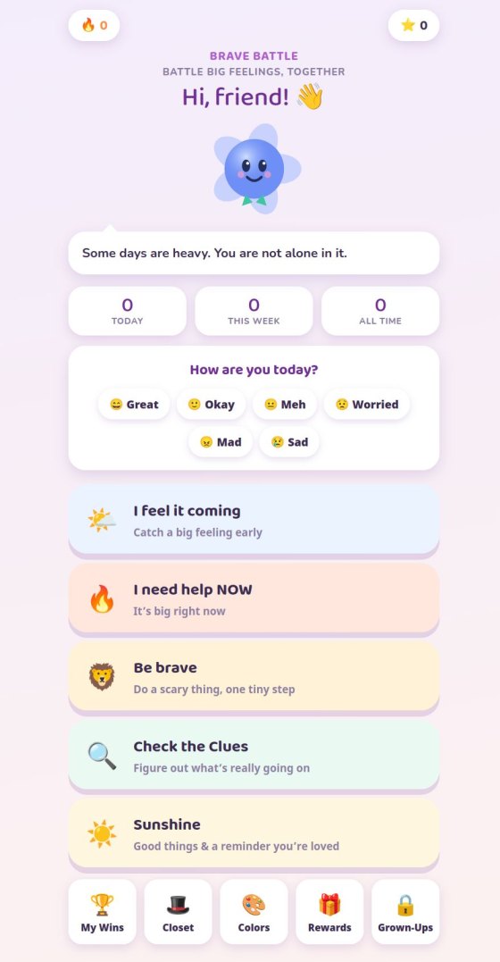 Brave Battle home screen: "Hi, friend!" with Bloom, a daily check-in and tools like "I feel it coming" and "Be brave"